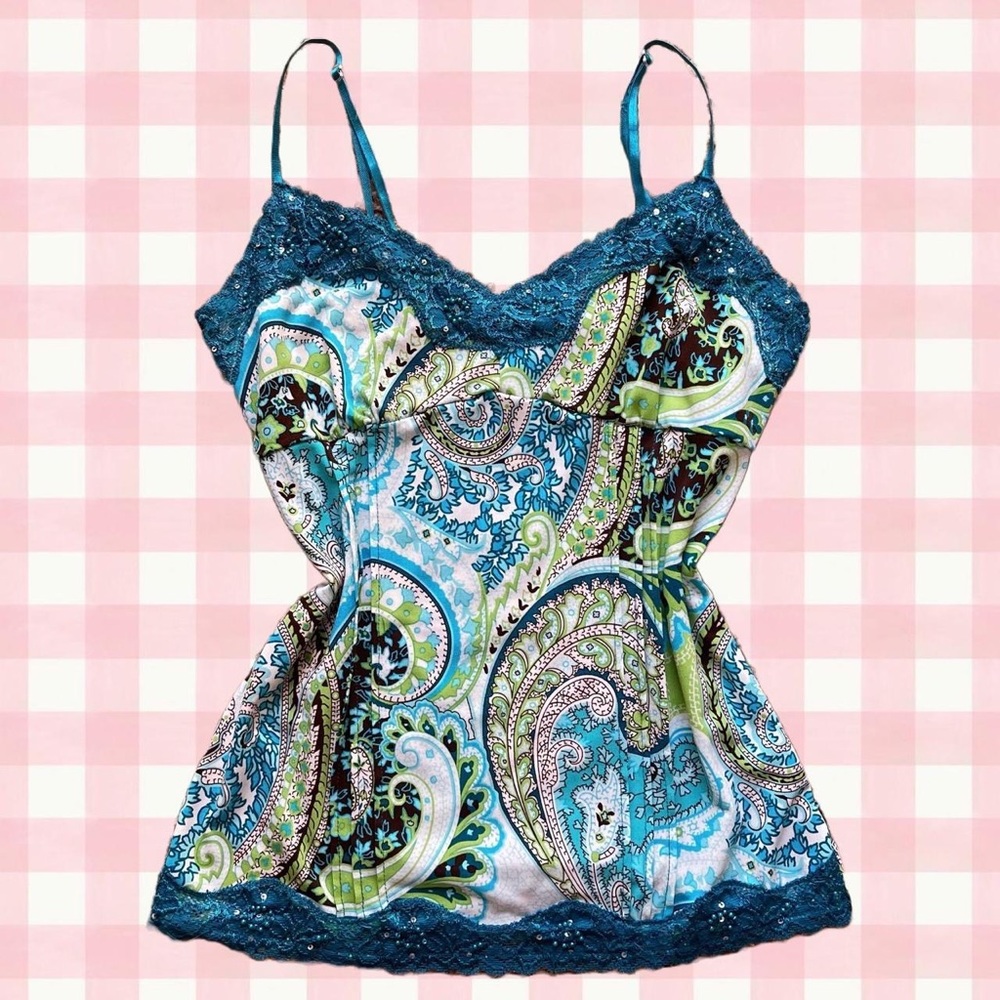 Y2K No Boundaries Fairycore Teal Paisley Floral Print Cami Tank Top size MEDIUM